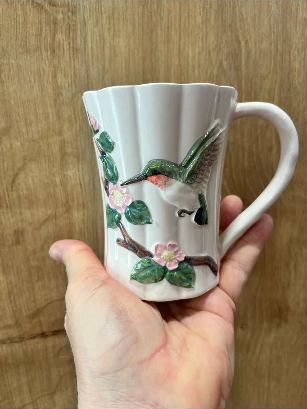 VTG Otagiri Japan Cup/Mug Fluted Porcelain HummingBird Flowers 4" Tall